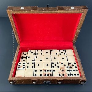 Vintage Dominoes In Wooden Chest Pirate’s Chest *One Piece Missing*